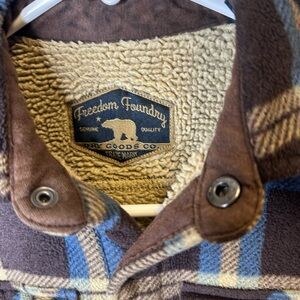 Brown and Blue Sherpa Lined Jacket with Leather Trim